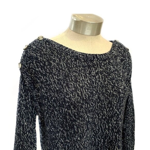 LUCKY BRAND Navy Blue + White Isabella Button Accent Shoulder Women's Sweater M - Picture 3 of 6